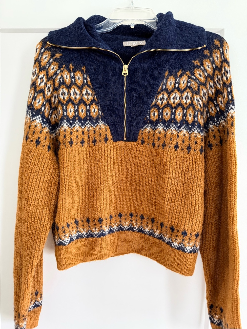 J. Crew Navy and Mustard Fair Isle Half-Zip Turtleneck Sweater